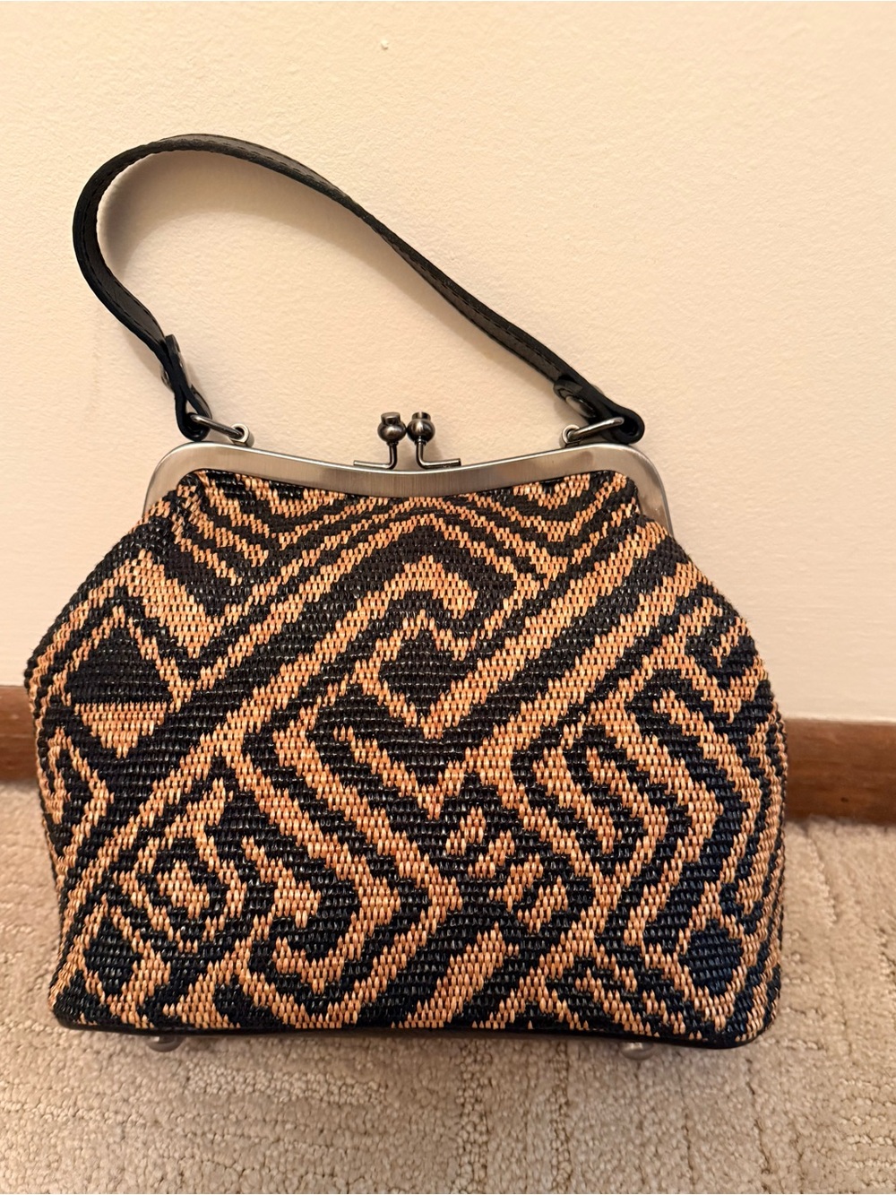 Patricia Nash - Woven Beaded Black and Tan Frame-Top Women's Handbag